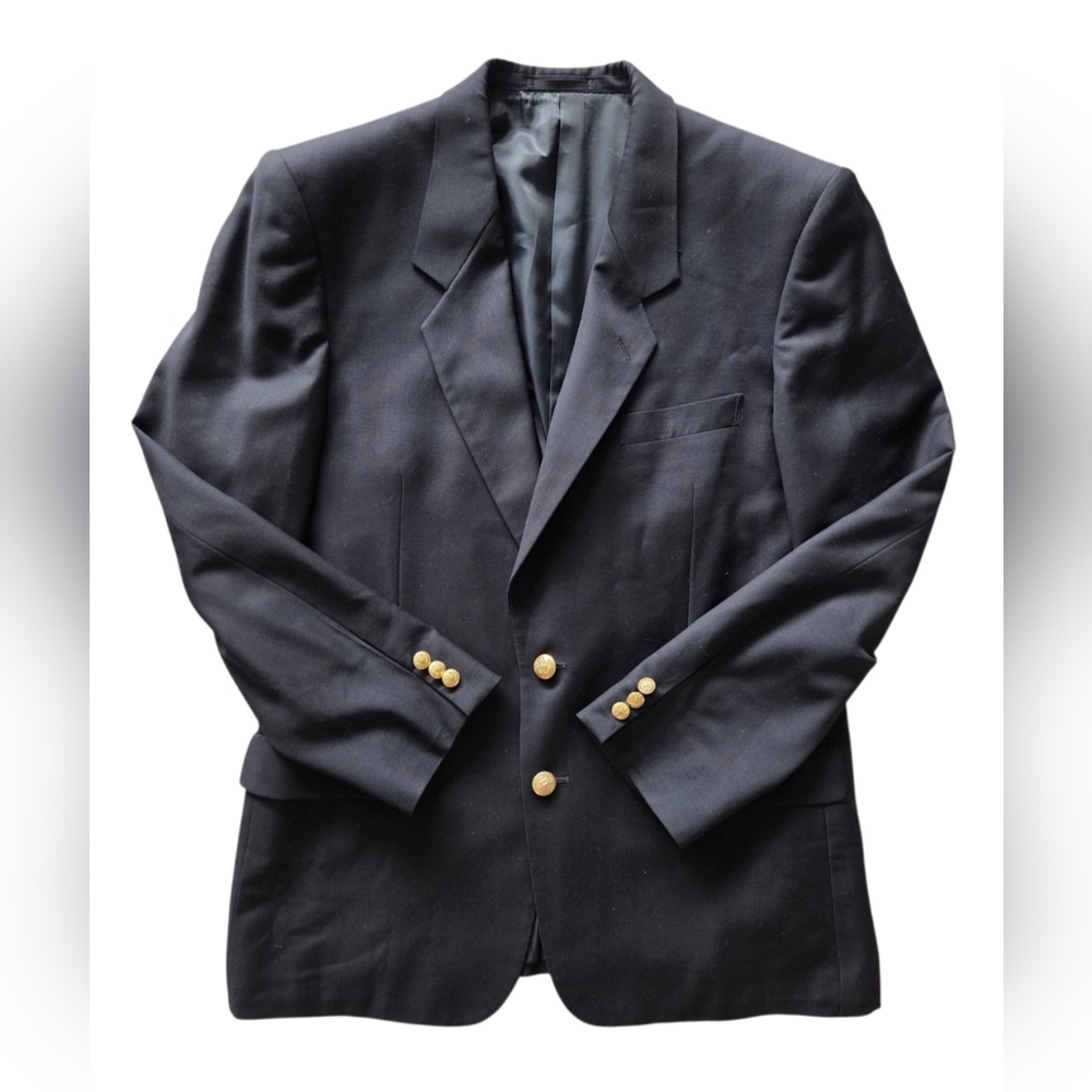 Japanese Suit Wool Black Blazer Men’s‎ 42 POLICAR PO Fabric Golden Buttons VTG
